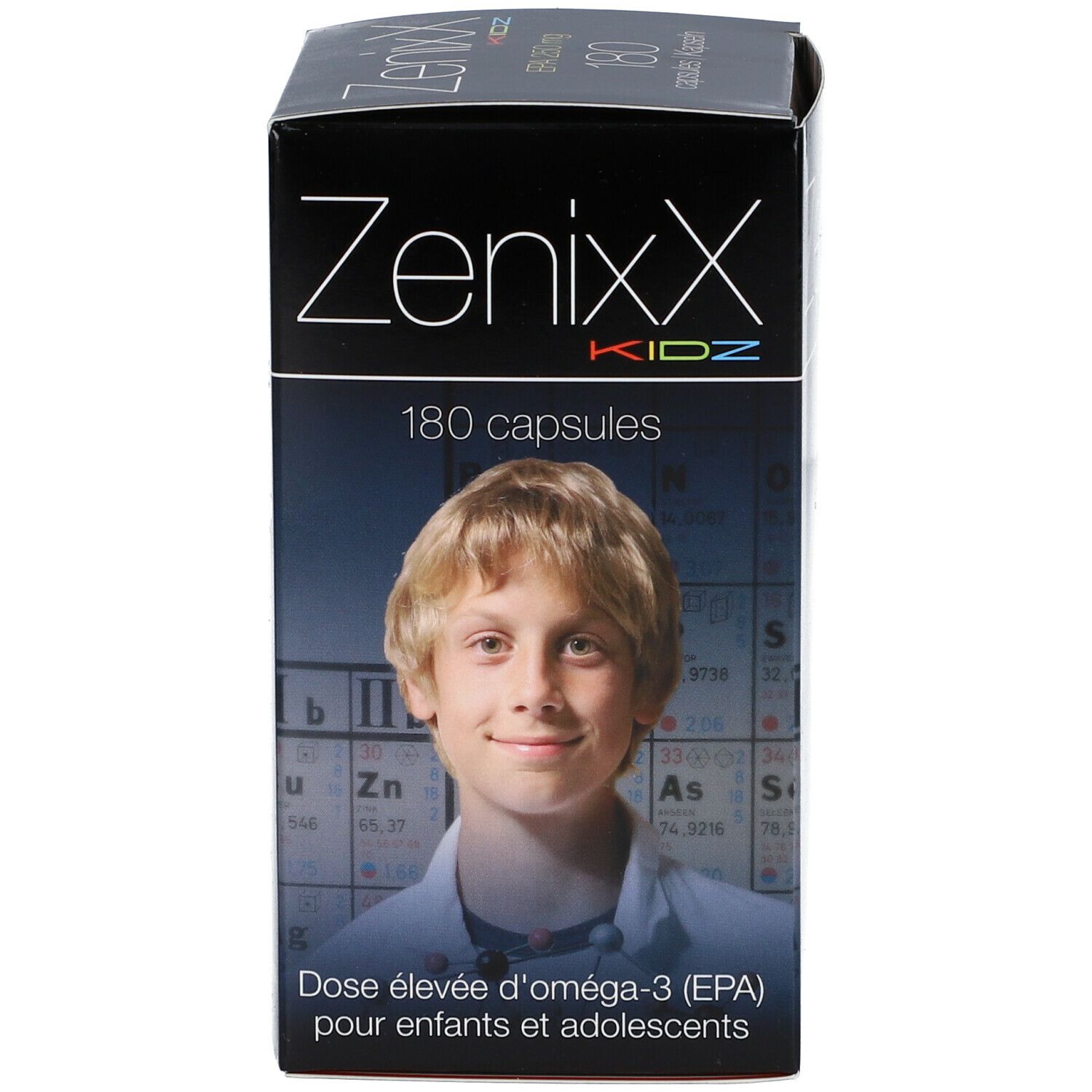 ZenixX Kidz Schachtel. Aufschrift 180 Kapseln. Bild eines Jungen. Dose élevée d'oméga-3 (EPA) pour enfants et adolescents.