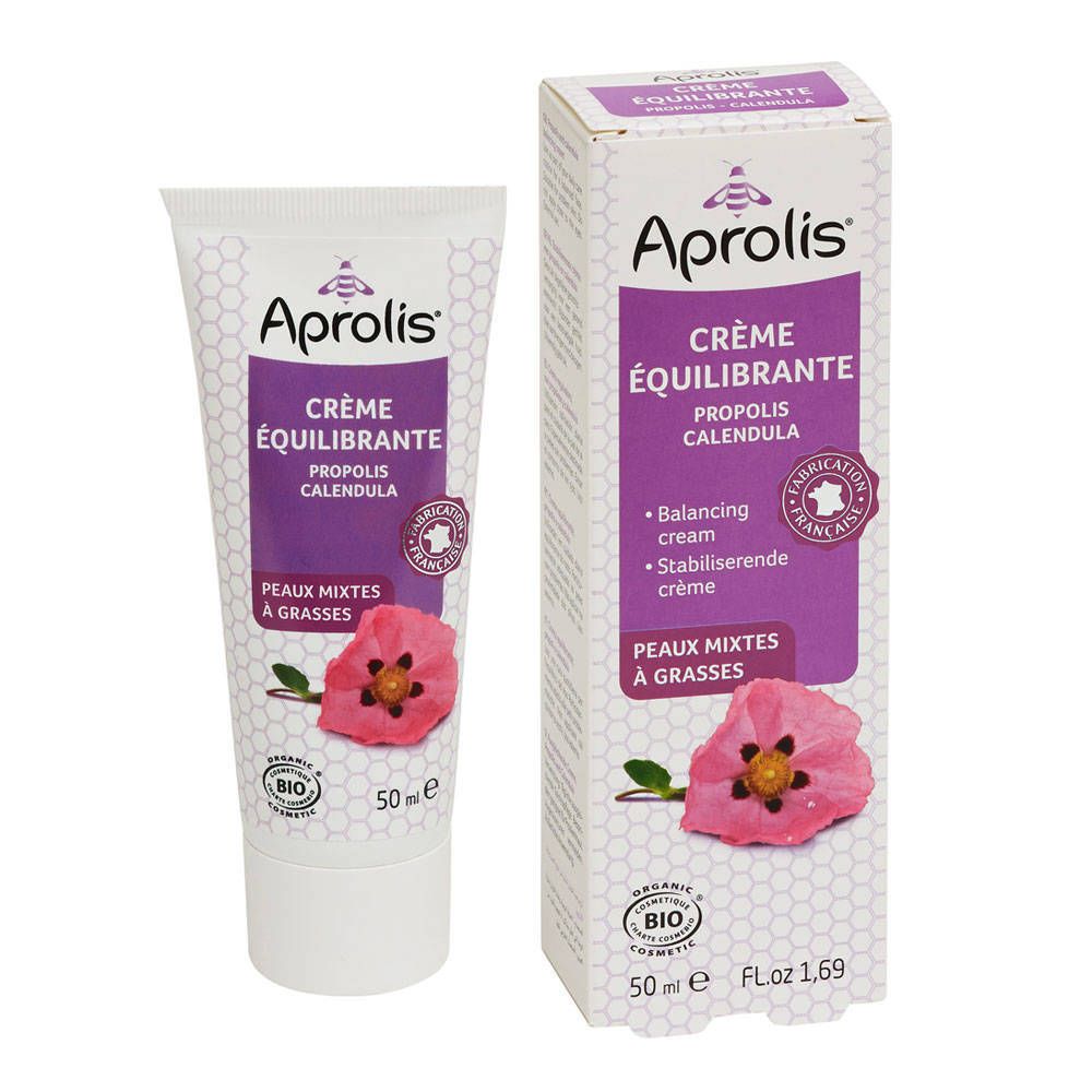 Creme-Tube und -Schachtel. Aufschrift: Aprolis Crème équilibrante. Mit Blume und Bio-Zertifizierung. Französische Herstellung.