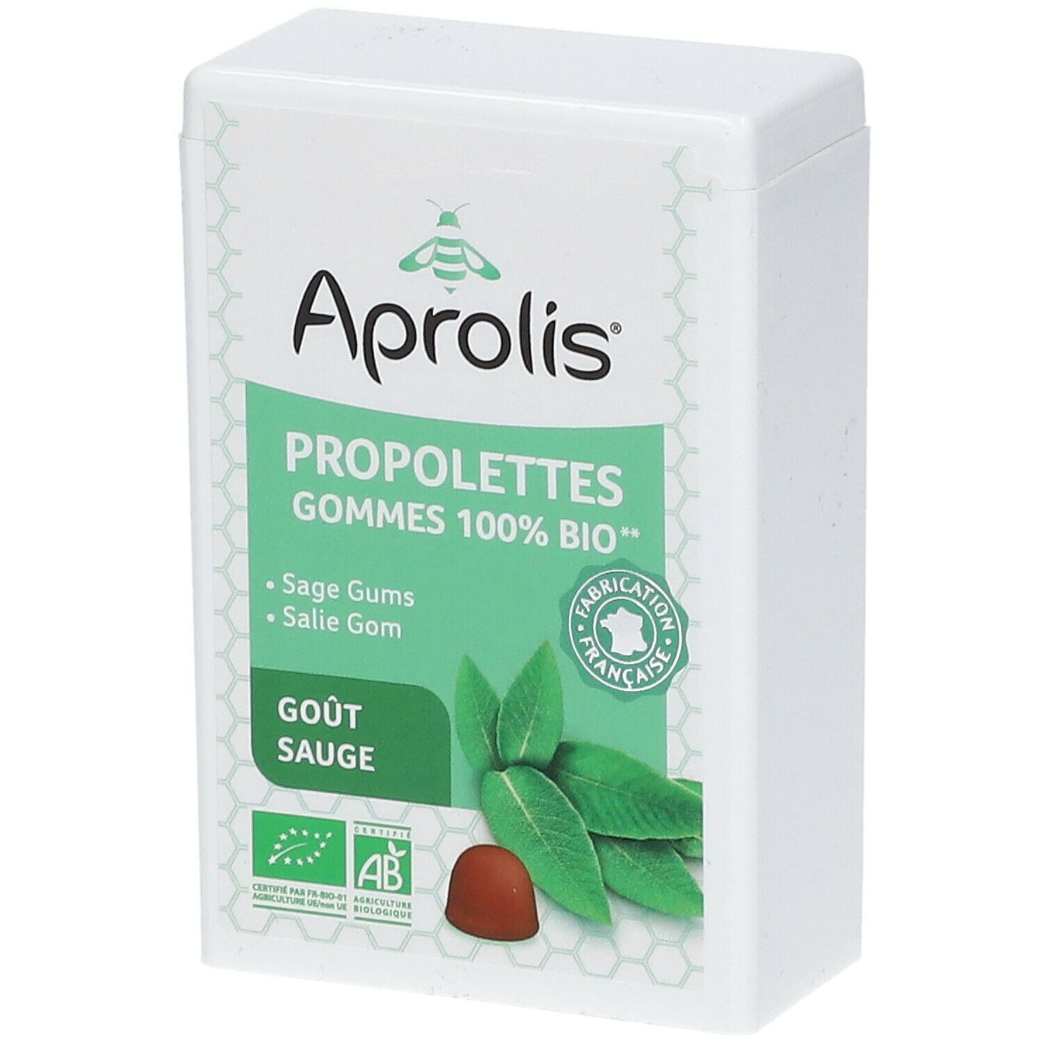 Weiße rechteckige Dose mit Aufschrift Aprolis, PROPOLETTES GOMMES 100% BIO, Gout Sauge. Abbildung von Blättern und einer Praline.