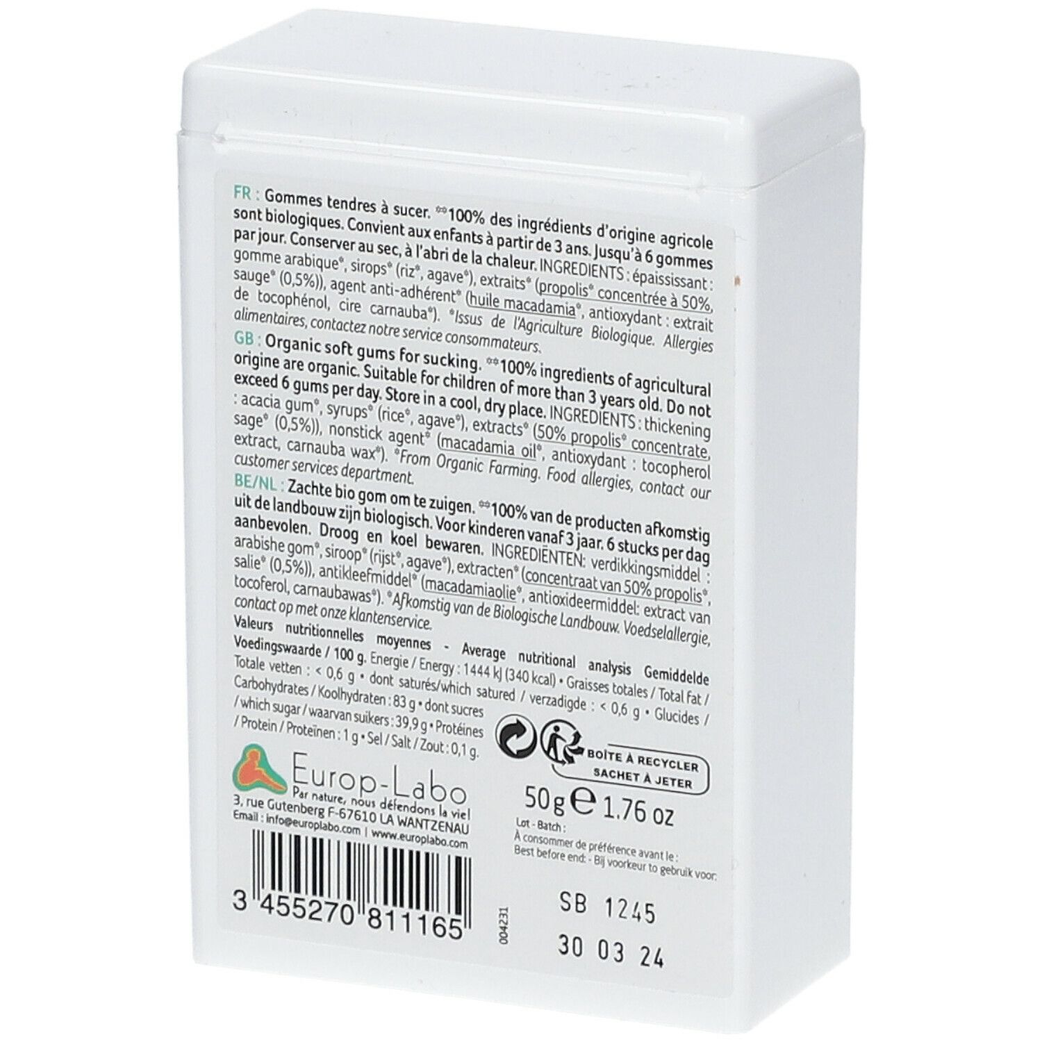 Rückseite der weißen rechteckigen Dose. Text in Französisch, Englisch und Niederländisch. Enthält Informationen zu Inhaltsstoffen und Nährwerten.