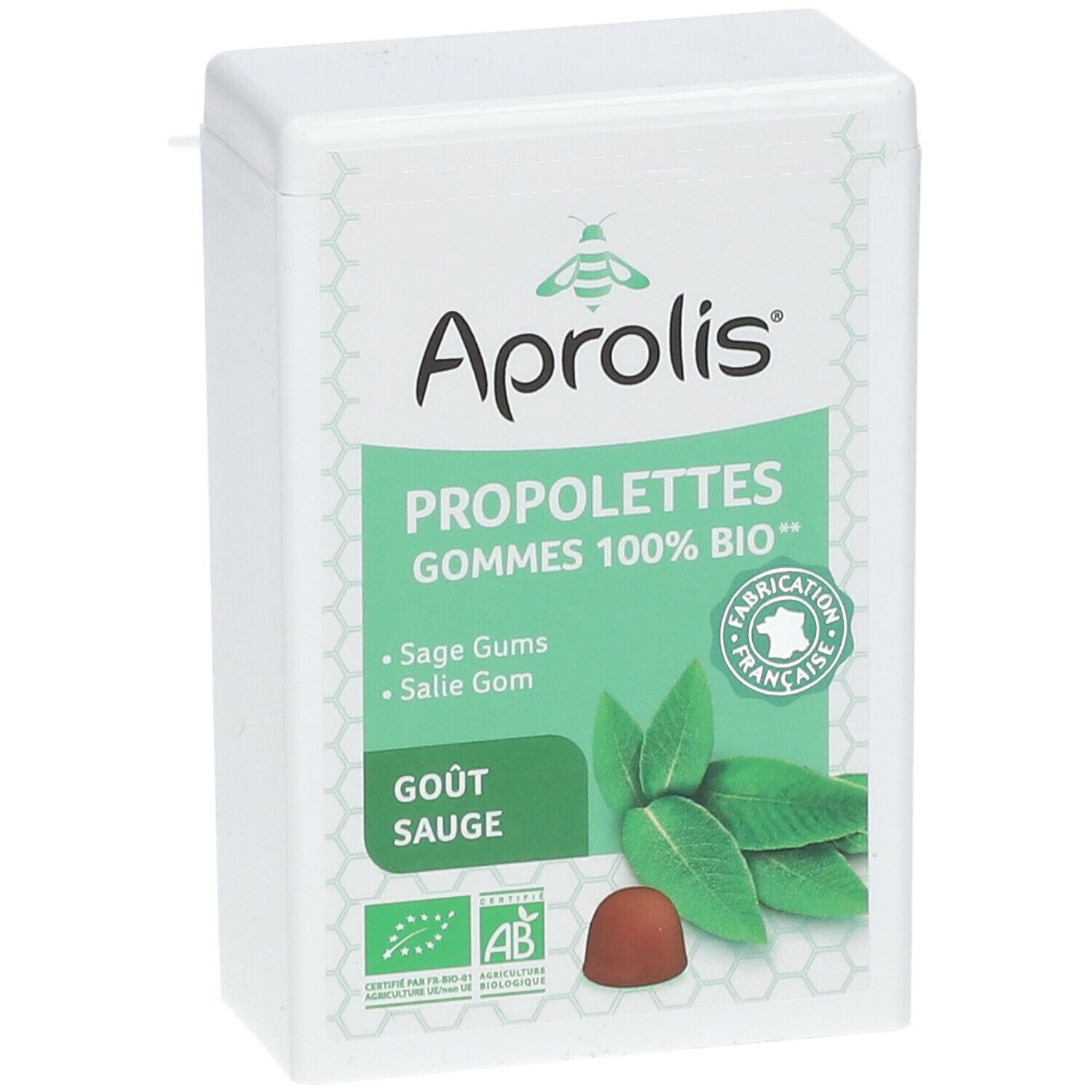 Weiße rechteckige Dose mit Aufschrift Aprolis, PROPOLETTES GOMMES 100% BIO, Gout Sauge. Abbildung von Blättern und einer Praline.