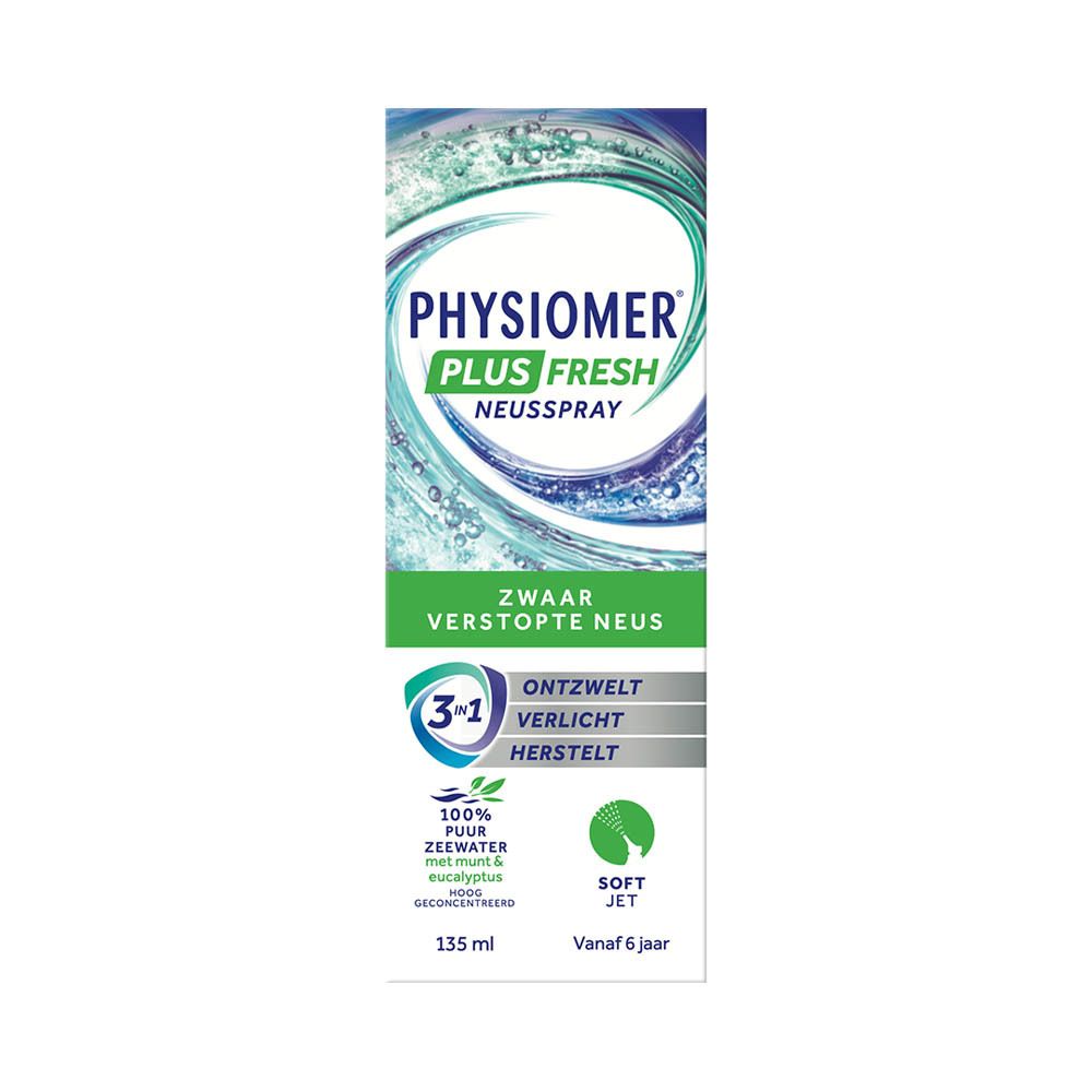 Produktverpackung. Aufschrift PHYSIOMER PLUS FRESH, Neusspray. Zwaar verstopte neus. 135 ml.