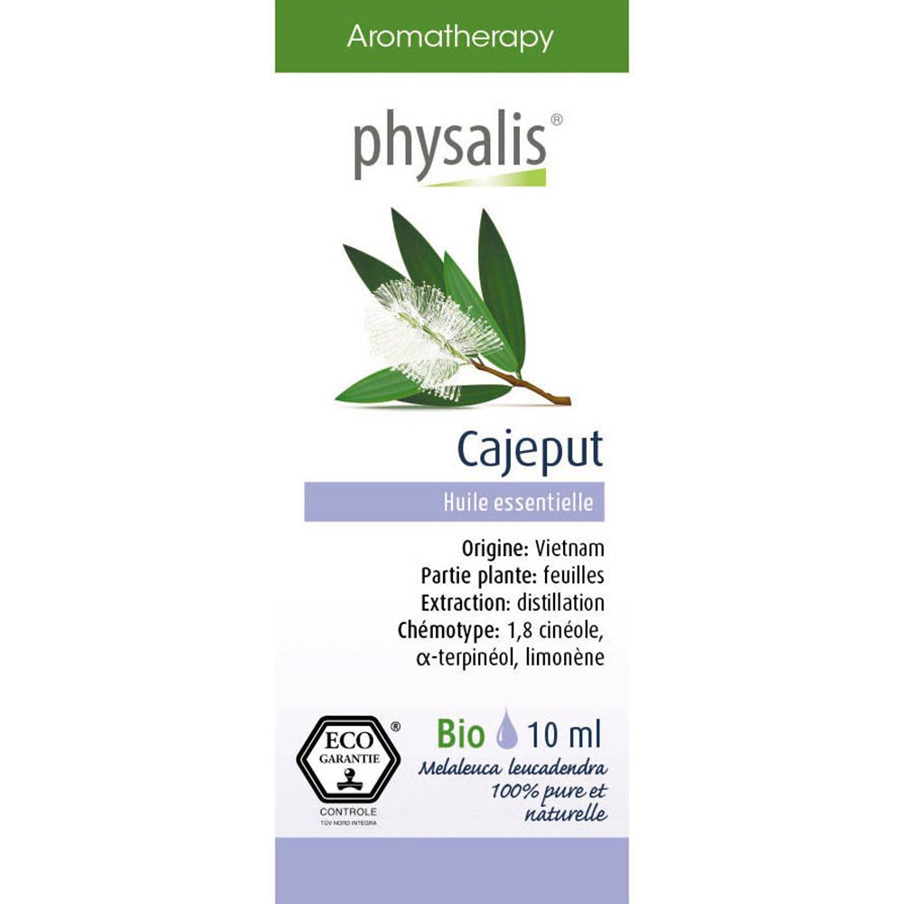 Essentielles Öl physalis® Cajeput. Flasche mit Etikett. Botanische Illustration. Bio-Zertifizierung. 10 ml.