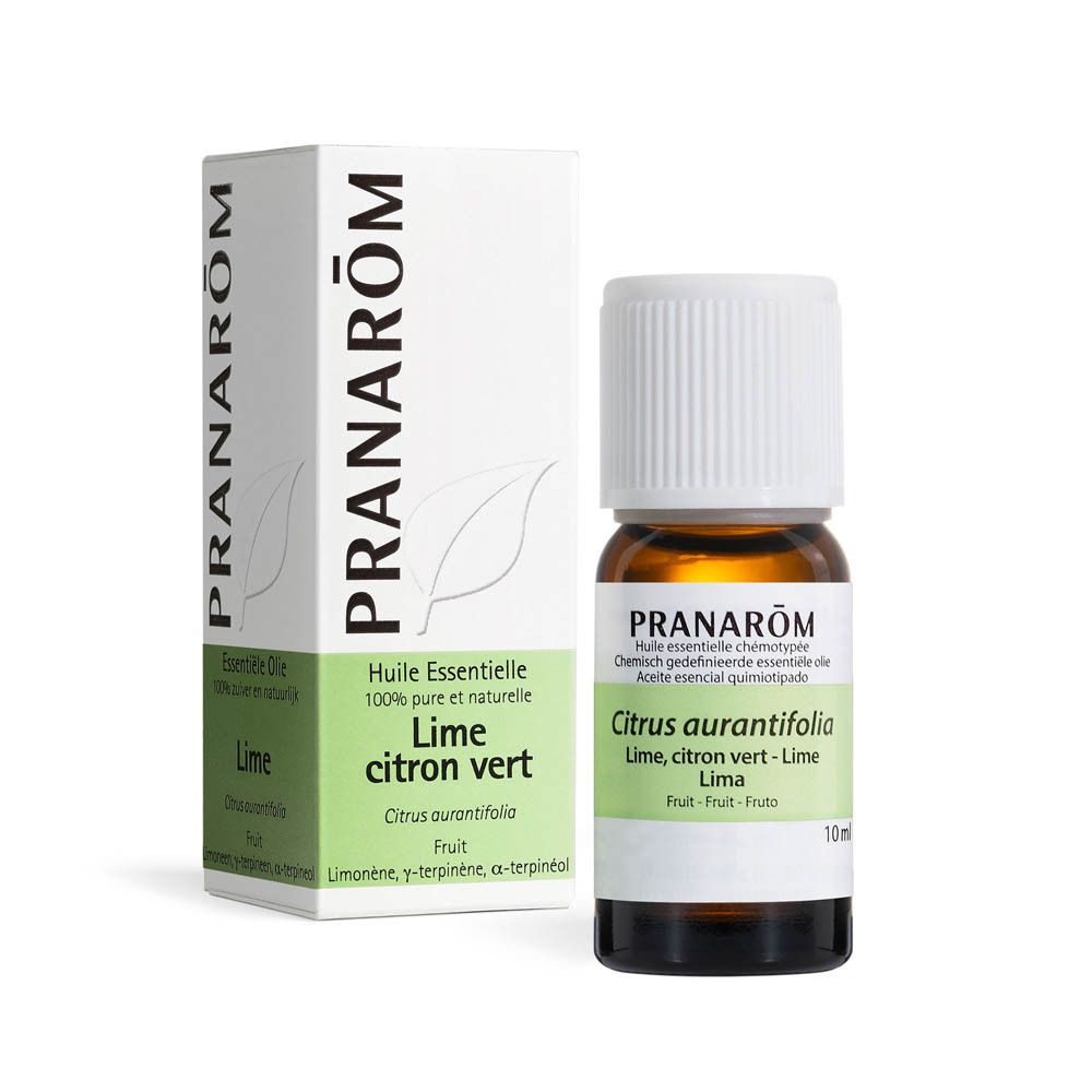 Braune Glasflasche mit weißem Deckel und Schachtel. Aufdruck: PRANAROM, Lime citron vert. 10 ml.