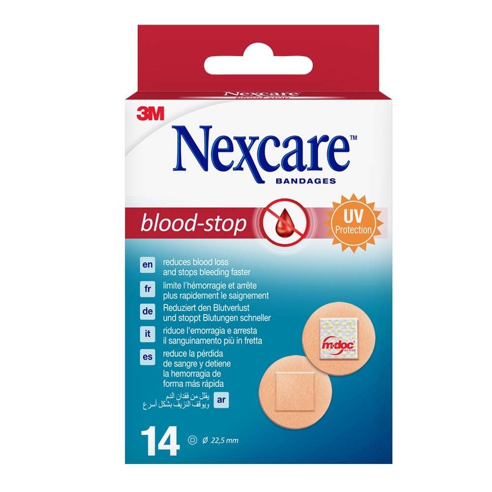 Verpackung mit Nexcare Blood Stop Spots. Enthält 14 Pflaster, 22,5 mm Durchmesser. Rote und weiße Verpackung.