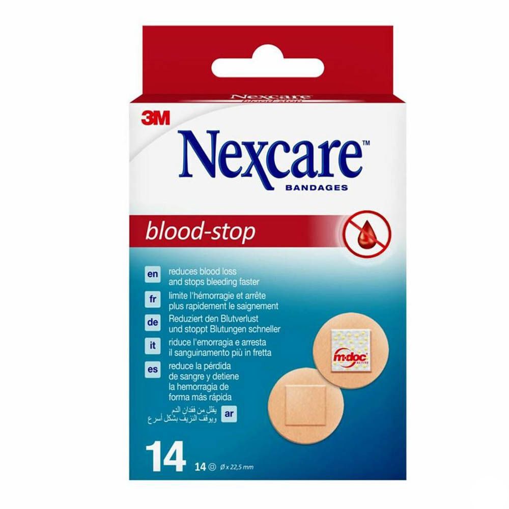 Verpackung Nexcare Blood Stop Pflaster. Enthält 14 Pflaster. Text: blood-stop, 3M, Nexcare, 14 x 22,5mm.
