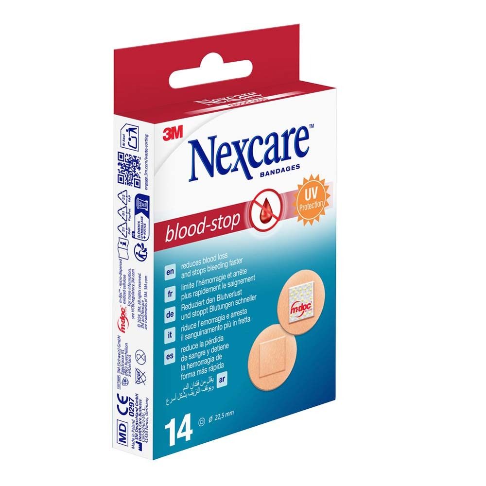 Verpackung mit Nexcare Blood Stop Spots. Enthält 14 Pflaster, 22,5 mm Durchmesser. Rote und weiße Verpackung.
