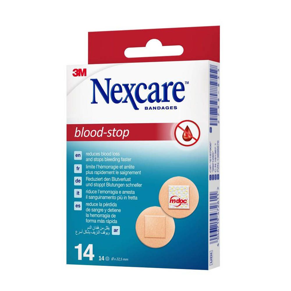 Verpackung Nexcare Blood Stop Pflaster. Enthält 14 Pflaster. Text: blood-stop, 3M, Nexcare, 14 x 22,5mm.