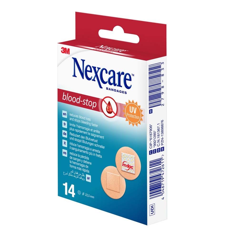Verpackung mit Nexcare Blood Stop Spots. Enthält 14 Pflaster, 22,5 mm Durchmesser. Rote und weiße Verpackung.