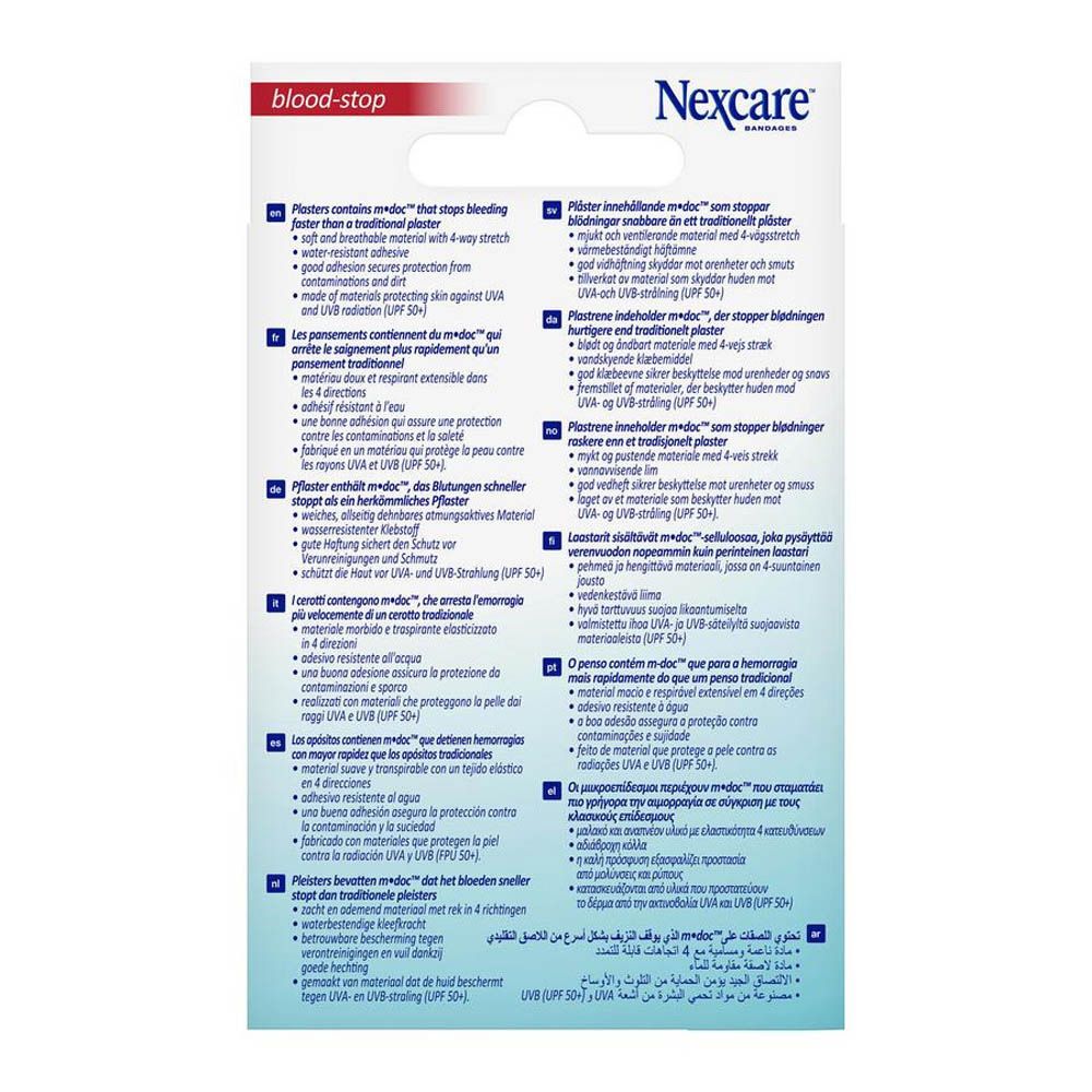 Rückseite der Nexcare Blood Stop Pflaster-Verpackung. Text in mehreren Sprachen. Enthält Informationen zu den Pflastern.