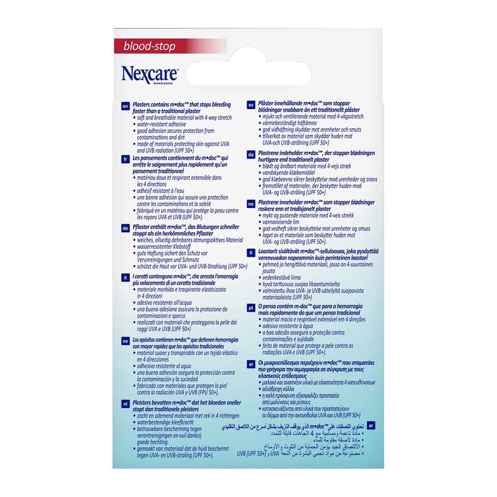 Verpackung mit Nexcare Blood Stop Spots. Enthält 14 Pflaster, 22,5 mm Durchmesser. Rote und weiße Verpackung.