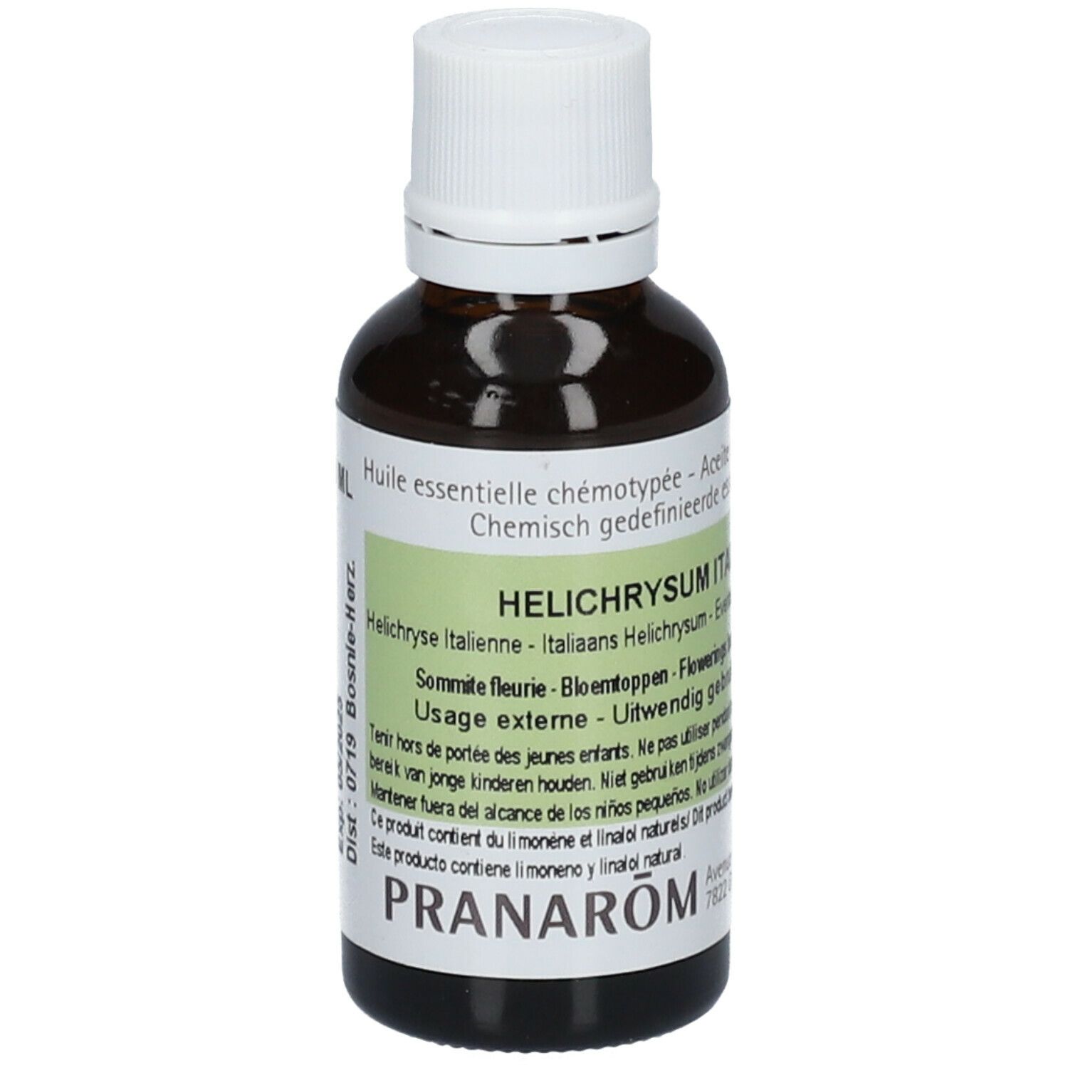 Braune Glasflasche mit weißem Deckel. Etikett mit Text: Helichrysum italicum, PRANAROM.