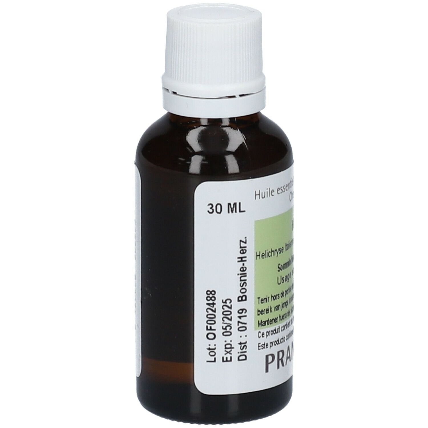 Braune Glasflasche mit weißem Deckel. Etikett mit Text: 30 ml, OF002488, Exp: 05/2025.