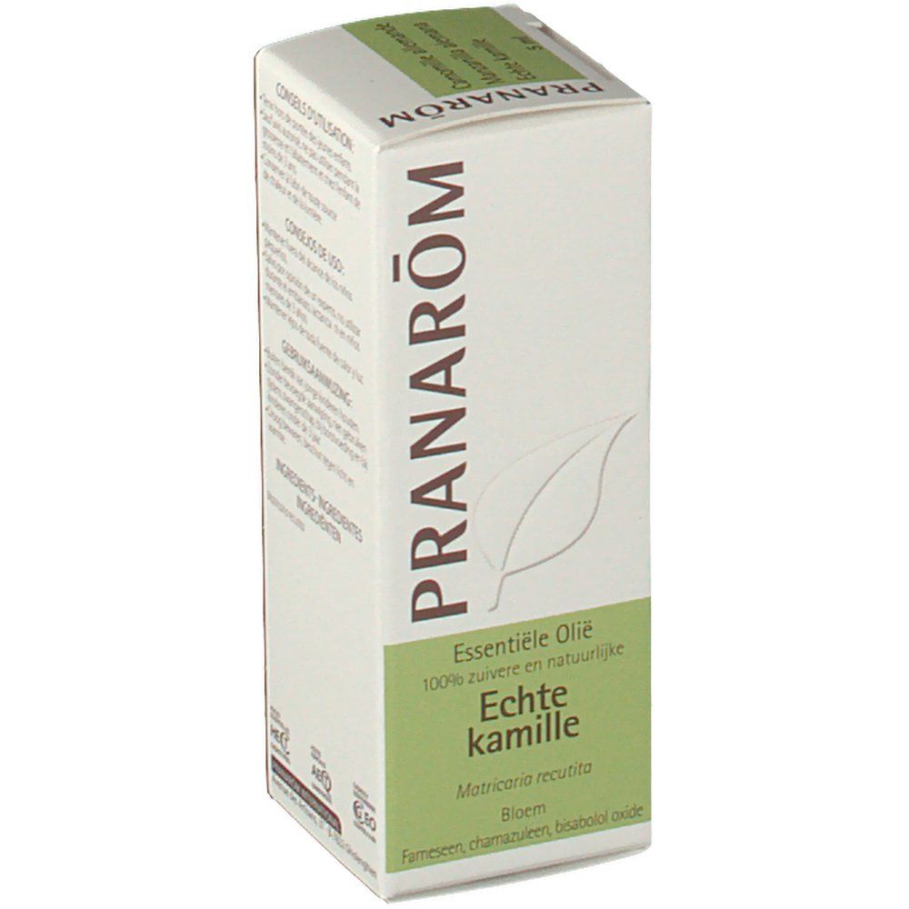 PRANAROM-Verpackung. Aufschrift: Echte Kamille, 100% rein und natürlich. Grün-weiße Verpackung mit Produktinformationen.
