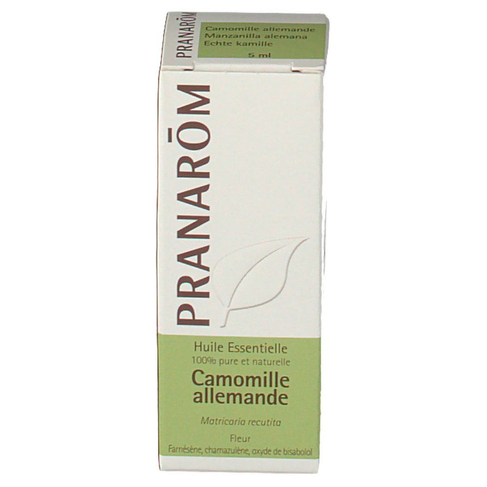 PRANAROM-Verpackung. Aufschrift: Camomille allemande, 5ml. Grün-weiße Verpackung mit Produktinformationen.