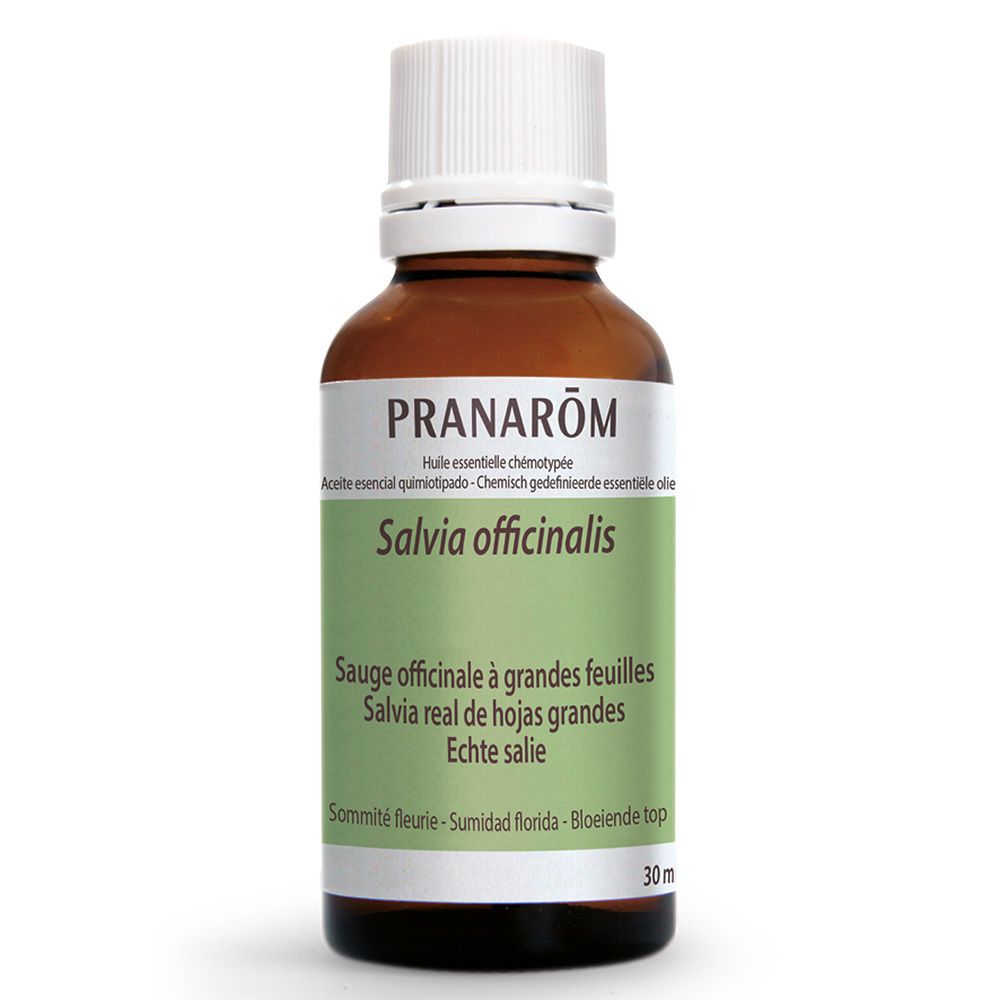 Braune Glasflasche mit weißem Verschluss. Etikett mit Produktnamen und Markennamen PRANAROM. Text in mehreren Sprachen.