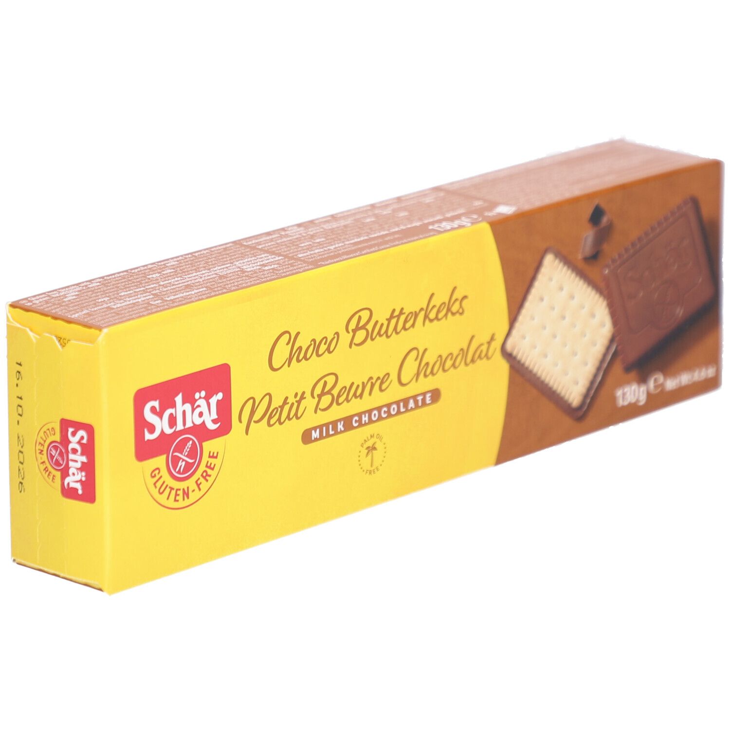 Schachtel mit Schär Choco Butterkeks glutenfrei. Gelbe und braune Verpackung. Aufdrucke: Choco Butterkeks, Petit Beurre Chocolat, 130g.