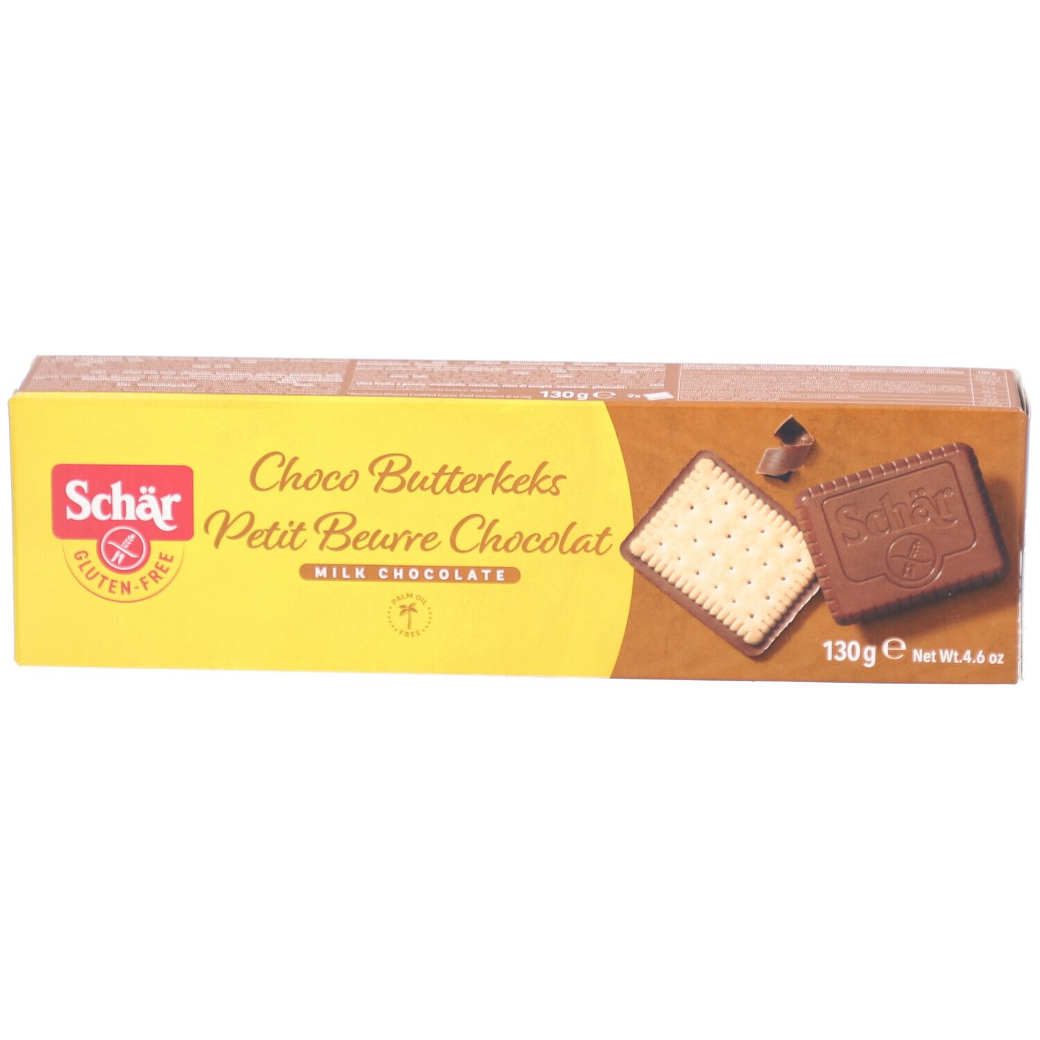 Schachtel mit Schär Choco Butterkeks glutenfrei. Gelbe und braune Verpackung. Aufdrucke: Choco Butterkeks, Petit Beurre Chocolat, 130g.