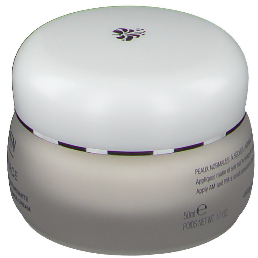 Creme-Tiegel mit weißem Deckel. Auf dem Tiegel steht "PEAUX NORMALES A SECRES".