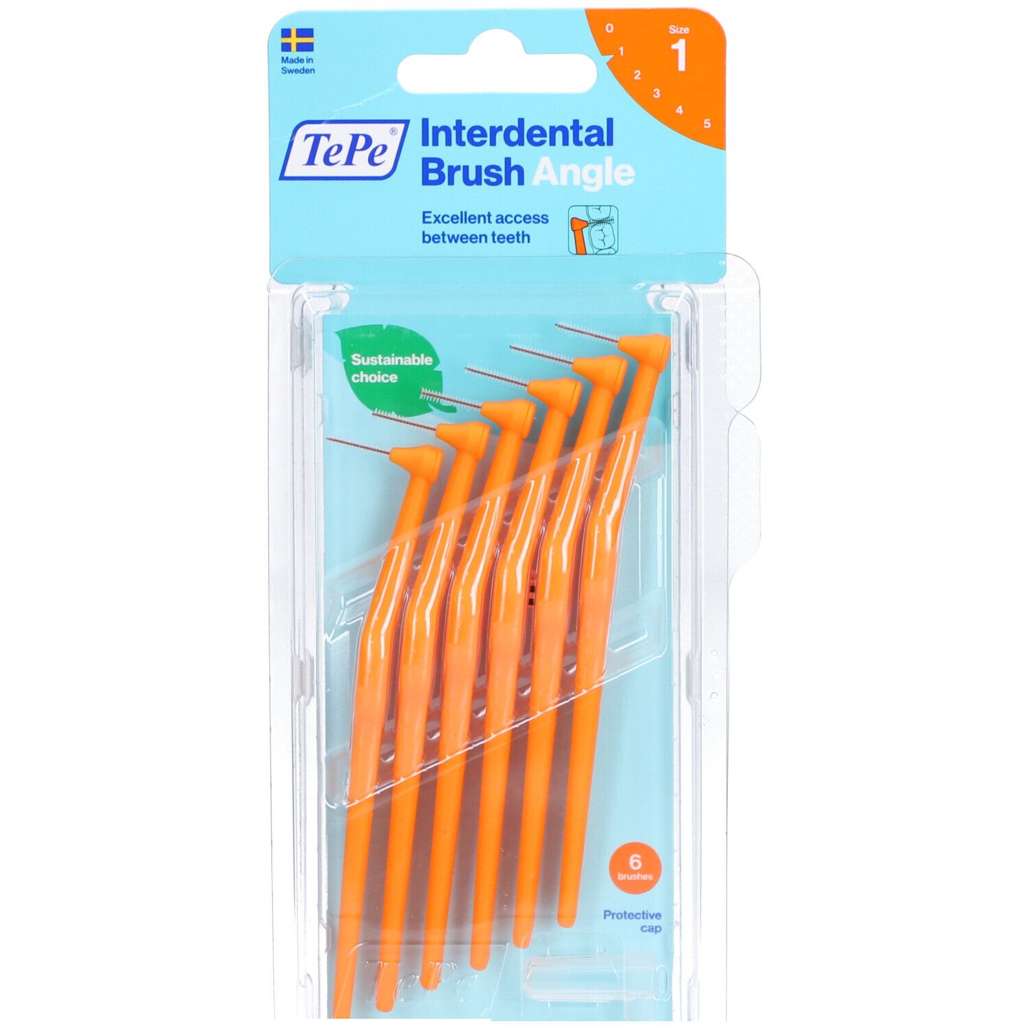 Verpackung mit sechs orangefarbenen Interdentalbürsten. Marke TePe, Winkel-Design, Größe 1 (0,45 mm). Nachhaltige Wahl.