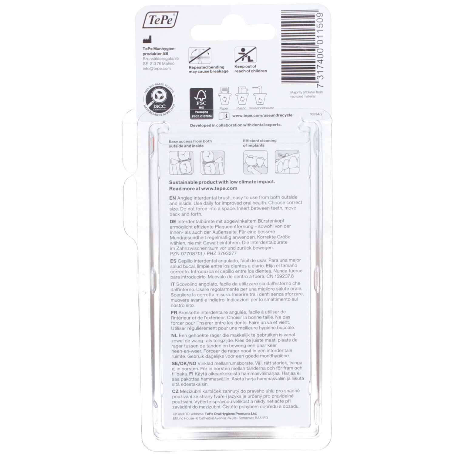 Rückseite der Verpackung mit Informationen zu den Interdentalbürsten. Text in mehreren Sprachen. FSC-Zertifizierung.