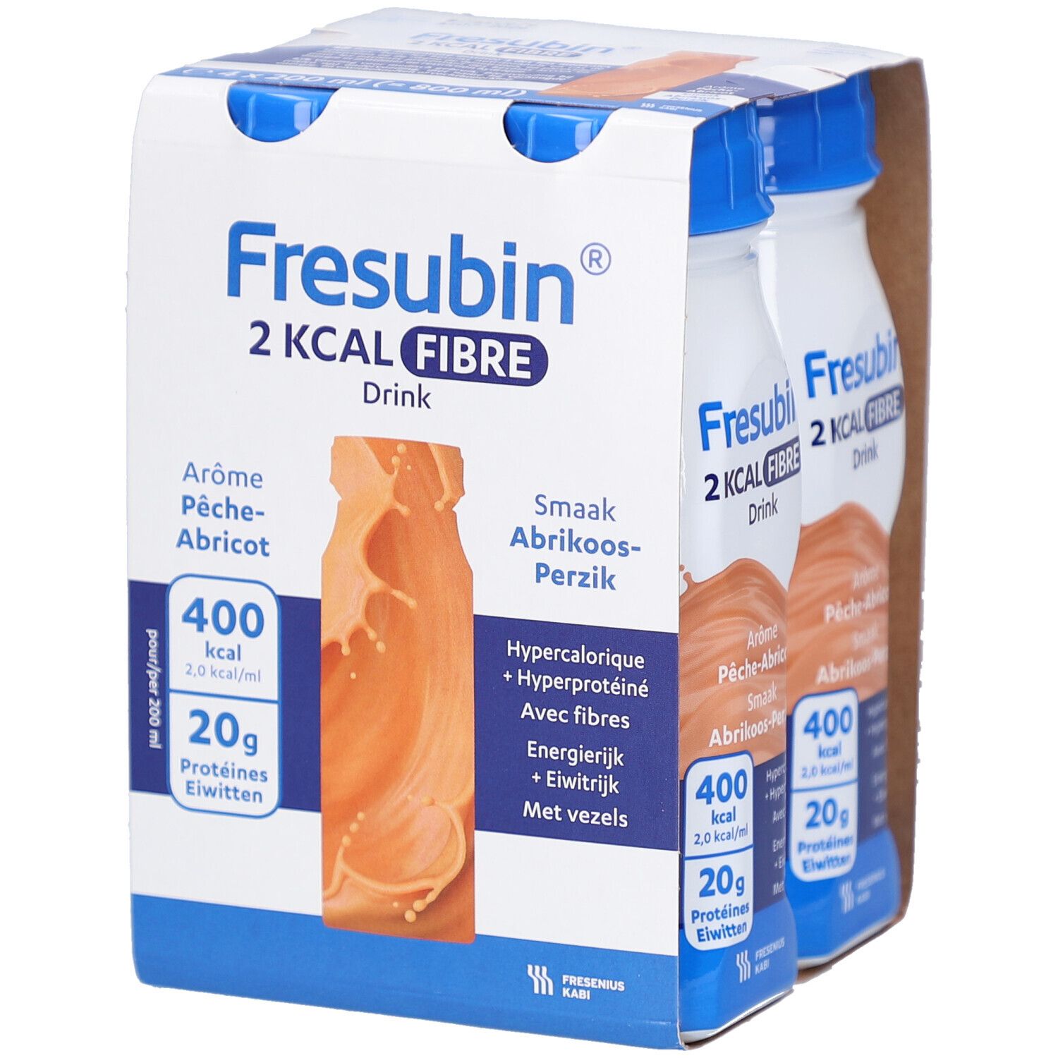 Packung mit vier Flaschen Fresubin 2 kcal Fibre Drink. Aufdrucke: Aroma Pfirsich-Aprikose, hyperkalorisch, mit Ballaststoffen.