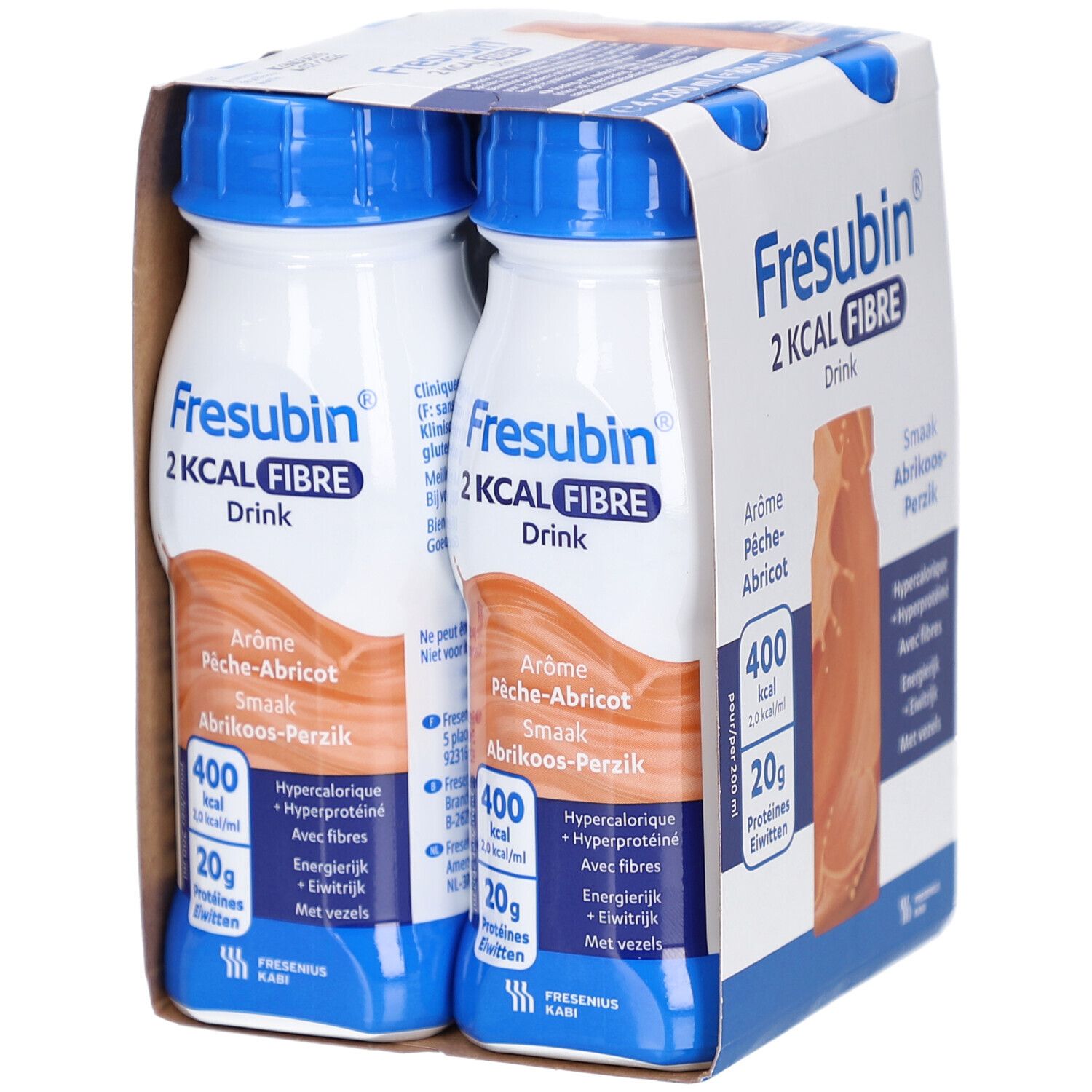 Packung mit vier Flaschen Fresubin 2 kcal Fibre Drink. Aufdrucke: Aroma Pfirsich-Aprikose, 400 kcal, 20g Eiweiß.