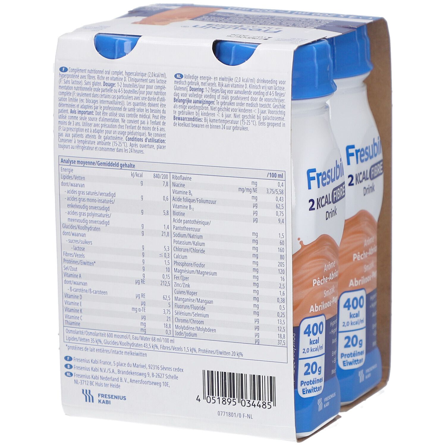 Rückseite der Packung mit Fresubin 2 kcal Fibre Drink. Enthält Nährwertangaben und Herstellerinformationen.