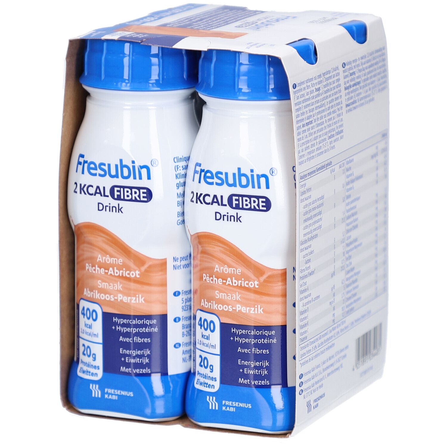 Packung mit vier Flaschen Fresubin 2 kcal Fibre Drink. Aufdrucke: Aroma Pfirsich-Aprikose, Haltbarkeitsdatum.