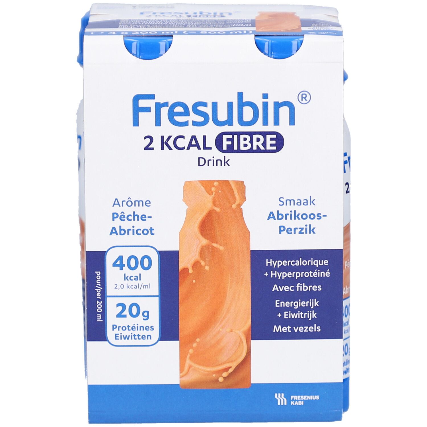 Einzelpackung Fresubin 2 kcal Fibre Drink. Aufdrucke: Aroma Pfirsich-Aprikose, hyperkalorisch, mit Ballaststoffen.