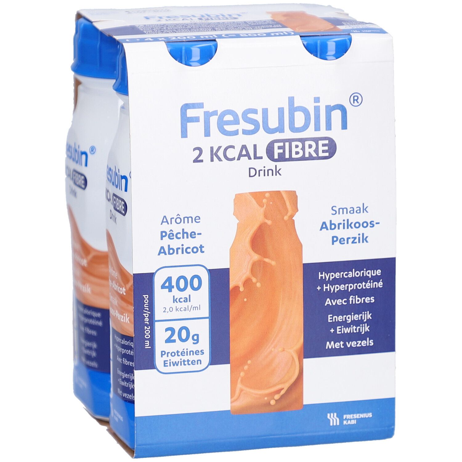 Packung mit vier Flaschen Fresubin 2 kcal Fibre Drink. Aufdrucke: Aroma Pfirsich-Aprikose, 400 kcal, 20g Eiweiß.