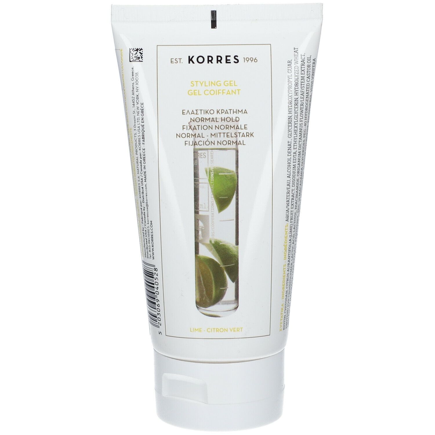 Weiß-grüne Tube mit KORRES Styling Gel. Aufschrift: Styling Gel, Normal Hold. Abbildung von Limetten. Produktname und Marke sind sichtbar.