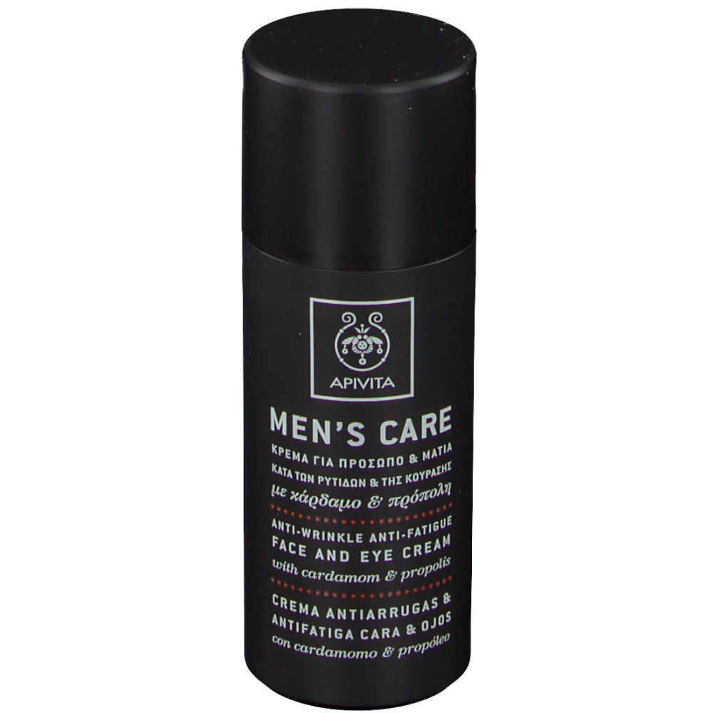 Schwarze Tube mit Aufschrift. Enthält Creme für Gesicht und Augen. Marke: Apivita Men's Care.