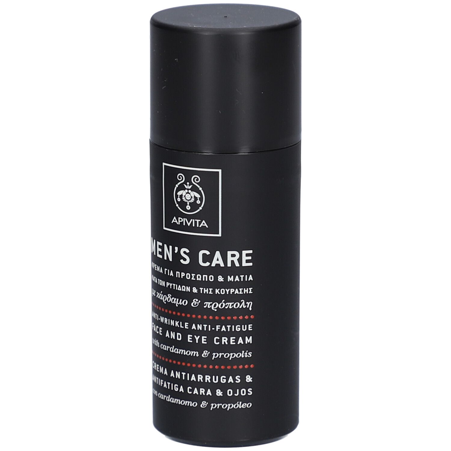 Schwarze Tube mit Aufschrift. Enthält Creme für Gesicht und Augen. Marke: Apivita Men's Care.