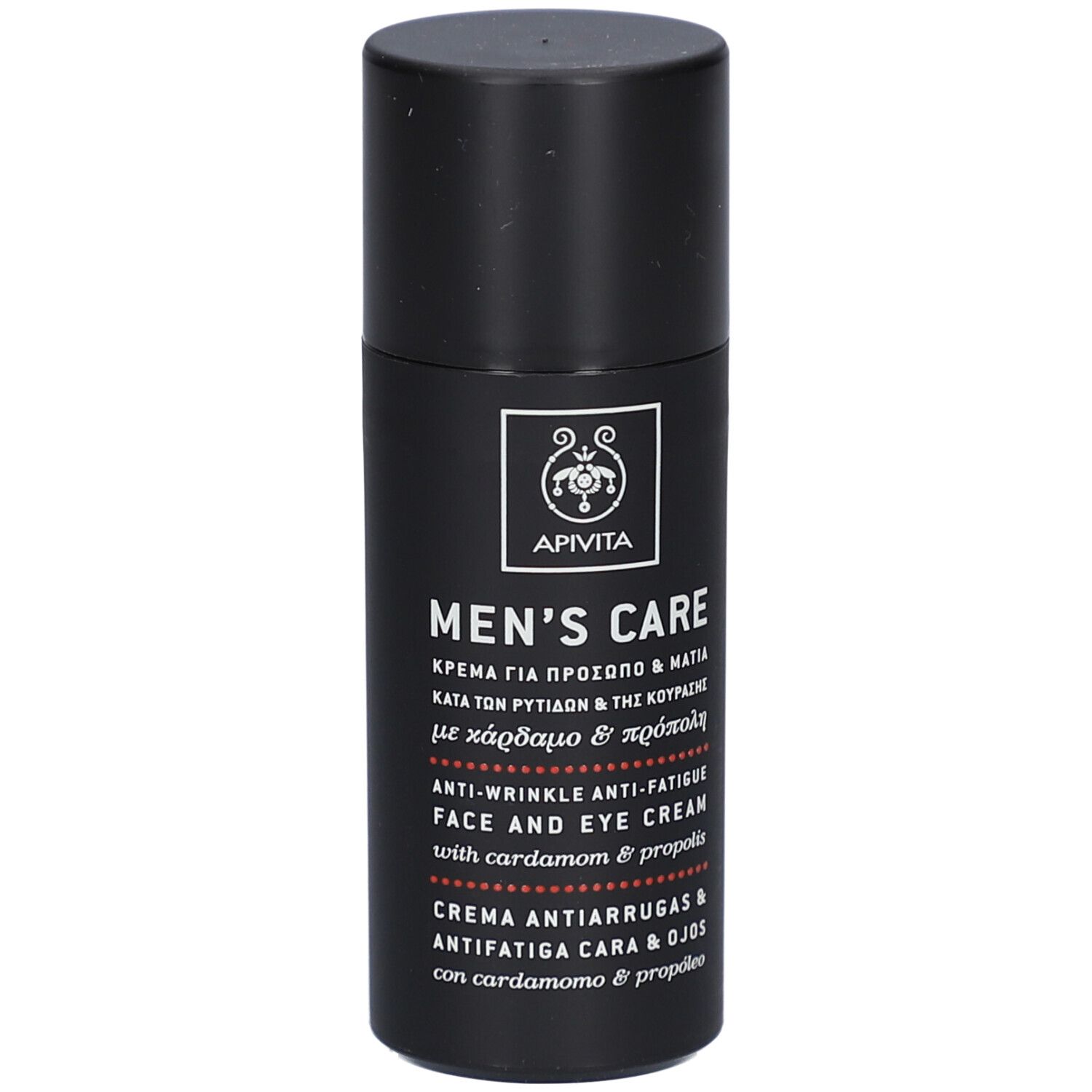 Schwarze Tube mit Aufschrift. Enthält Creme für Gesicht und Augen. Marke: Apivita Men's Care.