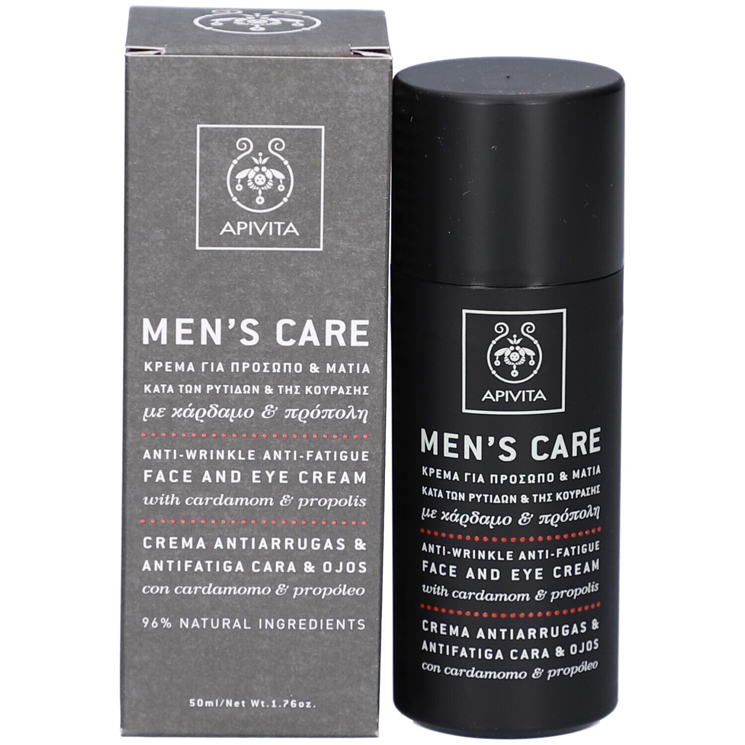 Produktverpackung. Schwarze Tube und Schachtel. Text: Apivita Men's Care. Creme für Gesicht und Augen.