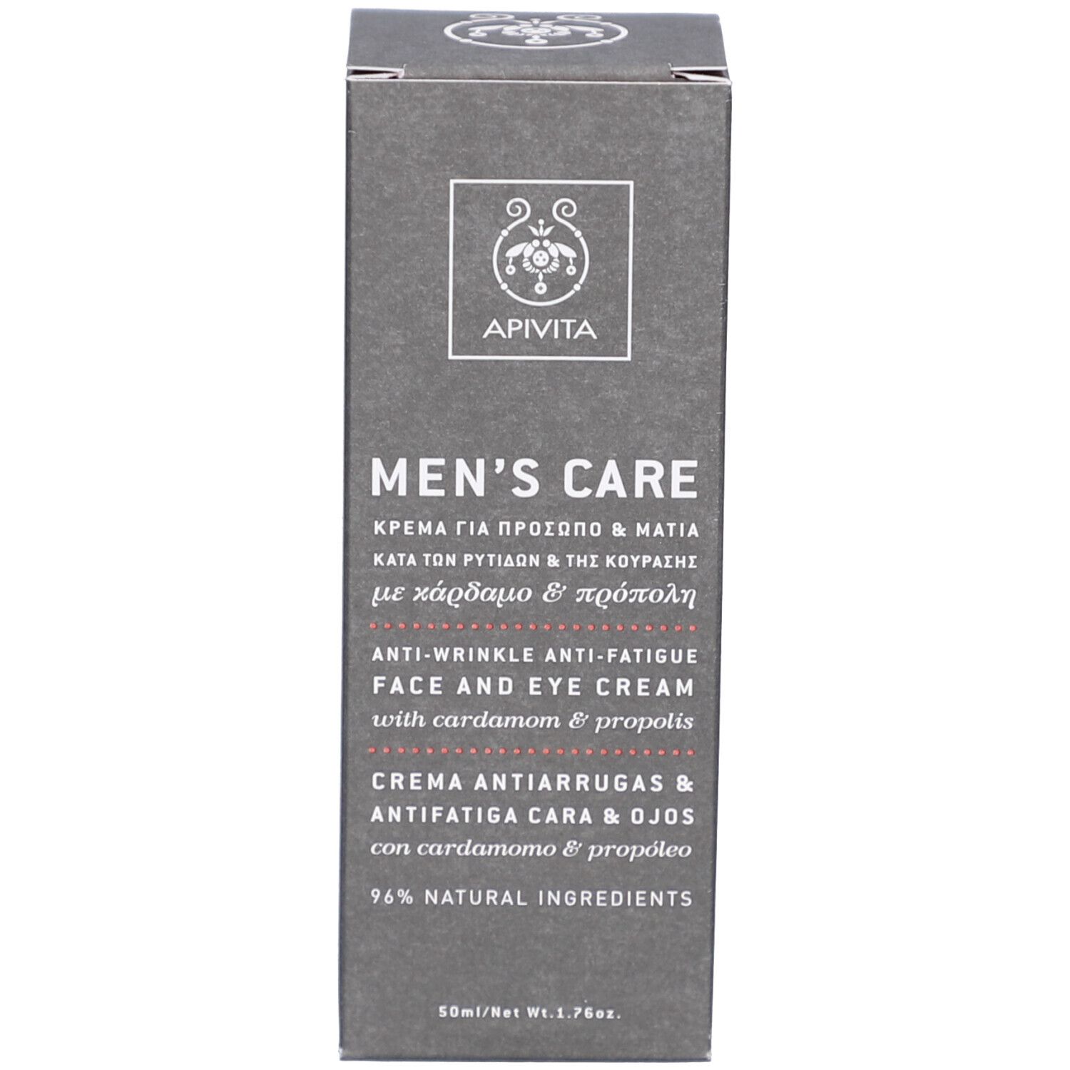 Produktverpackung. Schwarze Schachtel mit Text: Apivita Men's Care. Creme für Gesicht und Augen.