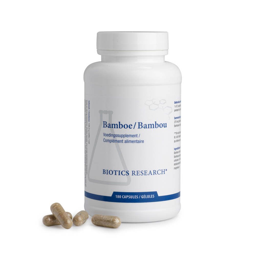 Weiße Flasche mit Bamboe/Bambou-Aufschrift. BIOTICS RESEARCH-Logo. 180 Kapseln. Textinformationen.