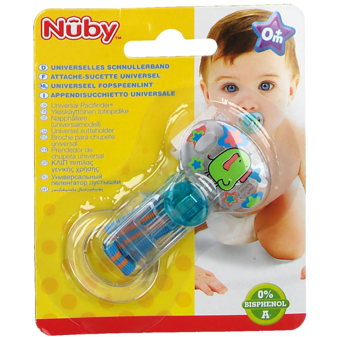 Schnullerband mit Clip und transparentem Halter, verpackt. Baby mit Schnuller im Hintergrund. 0% Bisphenol A.