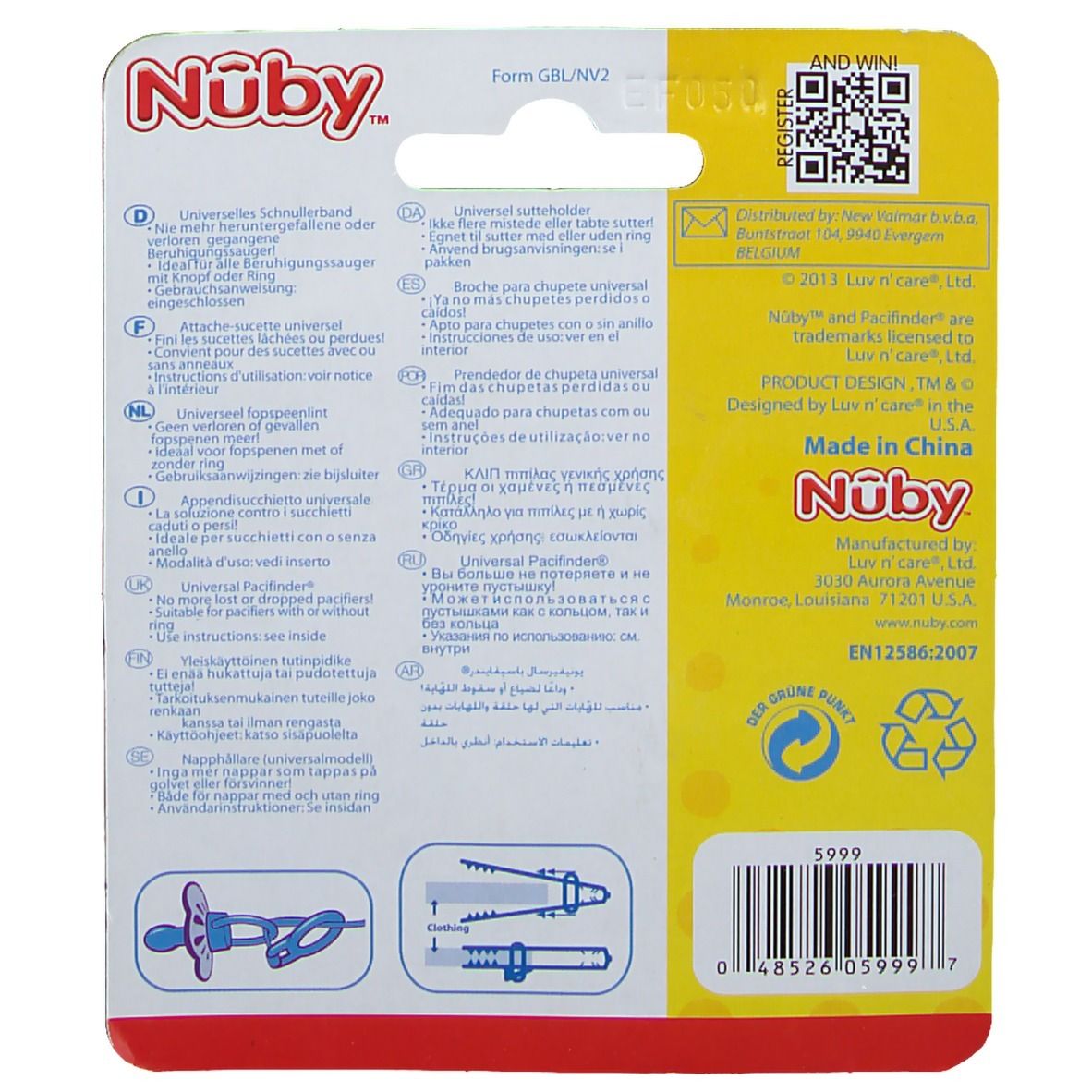 Rückseite der Verpackung. Text in mehreren Sprachen. QR-Code und Recycling-Symbole. Hergestellt in China.