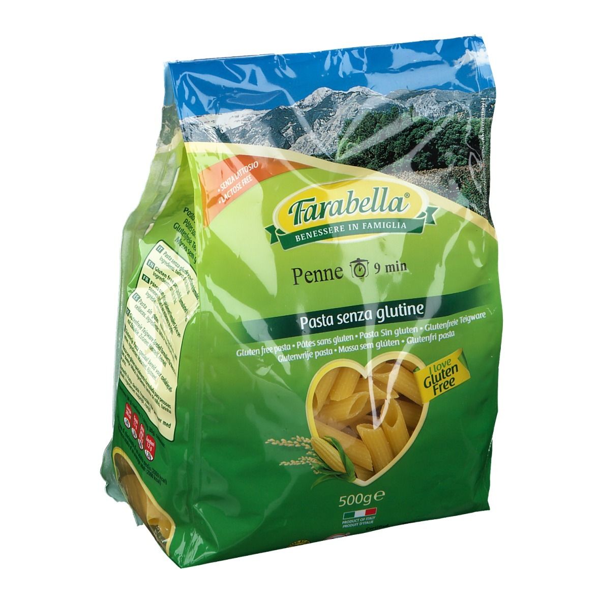 Verpackung Farabella Penne, glutenfrei. Grüne Verpackung mit Produktabbildung und Logo. 500g.