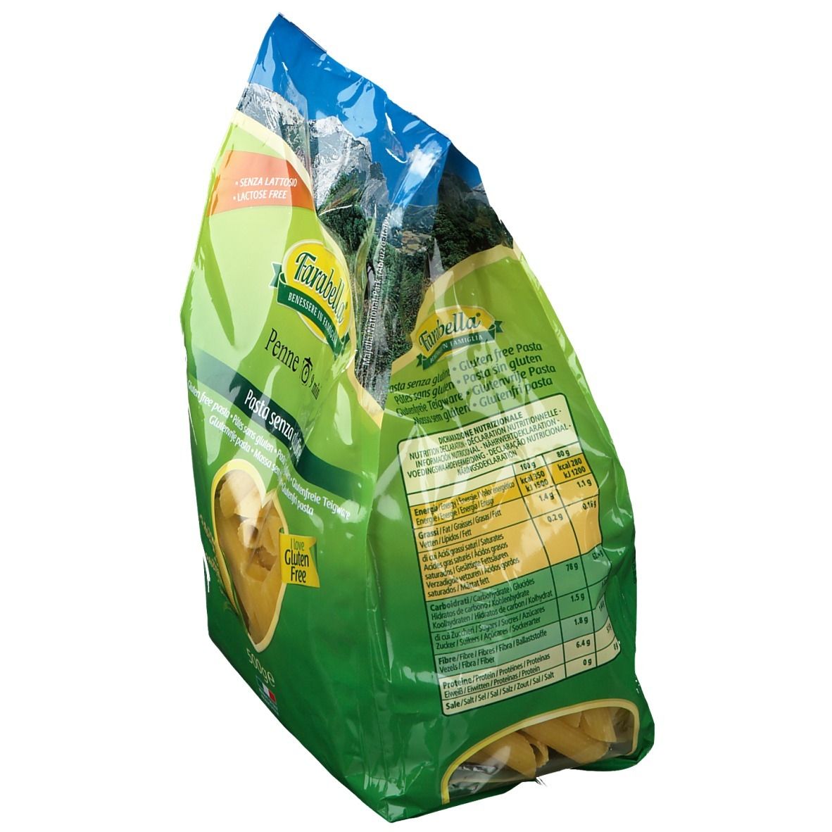 Schrägansicht der Farabella Penne Verpackung. Rückseite mit Nährwertangaben und Text. Glutenfrei.
