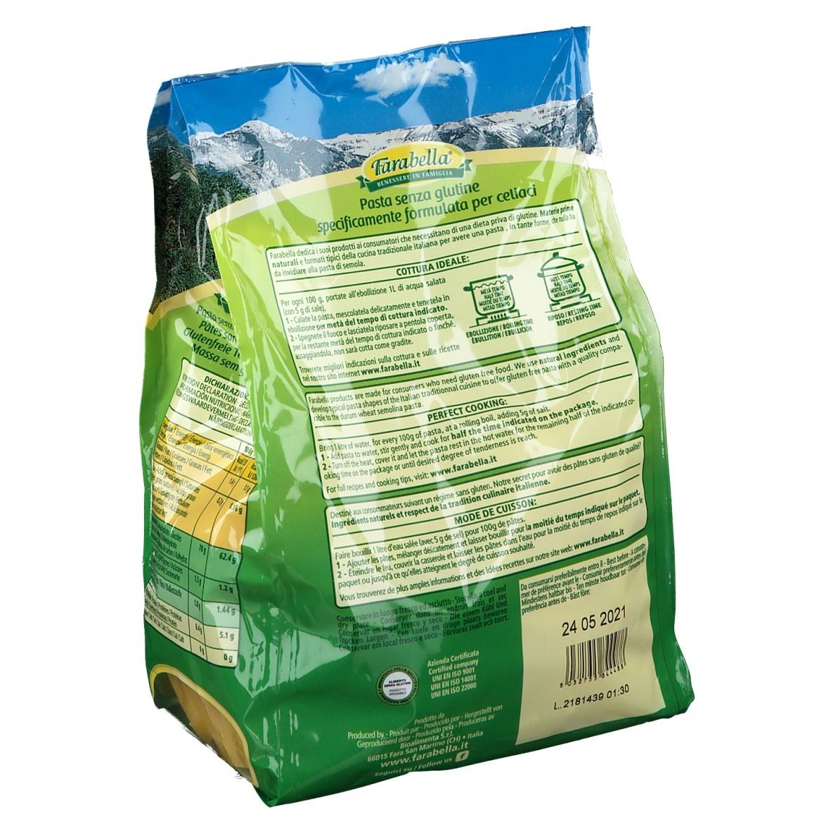 Rückseite der Farabella Penne Verpackung. Text mit Kochtipps und Nährwertangaben. Glutenfrei.