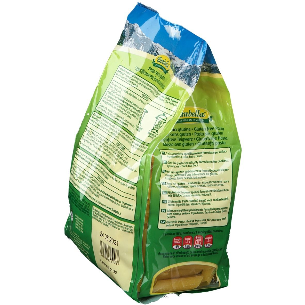 Rückseite der Farabella Penne Verpackung. Text mit Kochtipps und Nährwertangaben. Glutenfrei.