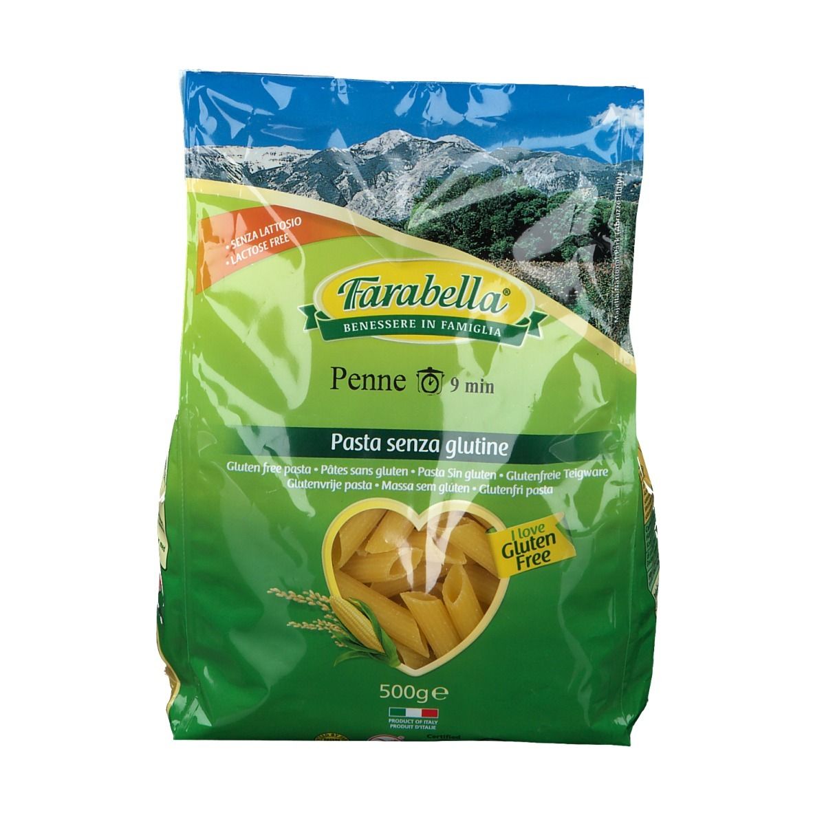 Farabella Penne, glutenfrei, in grüner Verpackung. Logo und Produktabbildung. 500g.