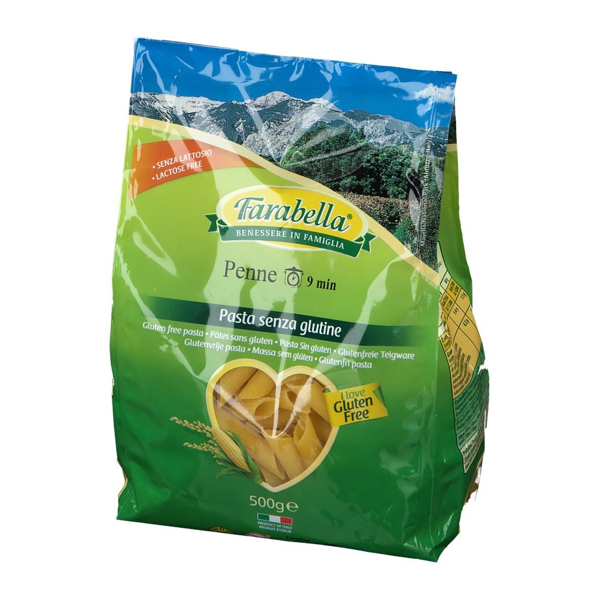 Farabella Penne, glutenfrei, in grüner Verpackung. Logo und Produktabbildung. 500g.