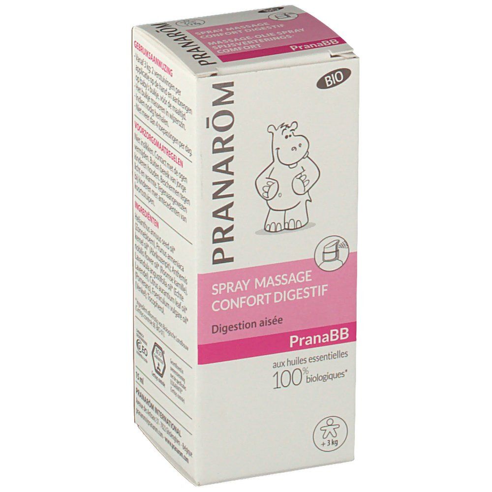 Karton mit Produktinformationen. Rosa und weiße Verpackung. Enthält das Logo von PRANAROM und PranaBB.