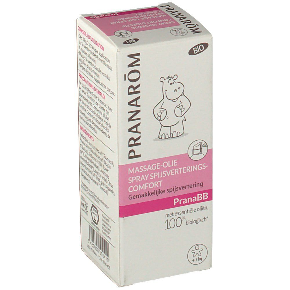 Produktverpackung mit Informationen. Rosa und weiße Verpackung. Enthält das Logo von PRANAROM und PranaBB.