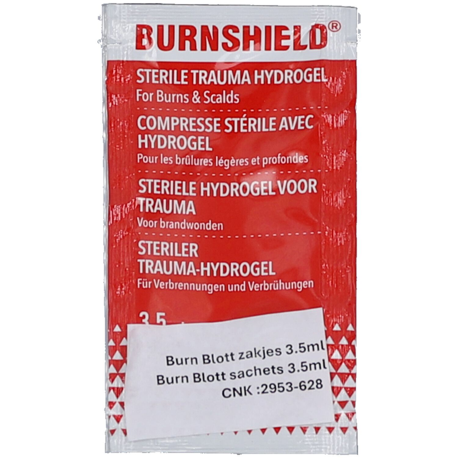 Roter Beutel mit weißem Aufdruck. Text: STERILE TRAUMA HYDROGEL. Für Verbrennungen & Verbrühungen. Enthält 3,5 ml. Produktname: Burn Blott.