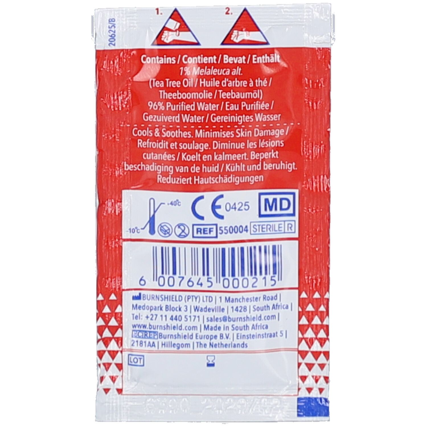 Rückseite des roten Beutels. Text: Enthält 1% Melaleuca alt. (Teebaumöl) und gereinigtes Wasser. CE-Kennzeichnung und REF-Nummer.